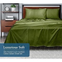 Royale Linens 400 Thread Count 100% American Grown Cotton 4 Piece Sateen Queen Sheet Set - 1 Fitted Sheet  1 Flat Sheet  2 Pillow Case - Green Queen Bedsheet - Cotton Sheets - (Queen  Parrot Green)