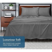 Royale Linens 400 Thread Count 100% American Grown Cotton 4 Piece Sateen Queen Sheet Set - 1 Fitted Sheet  1 Flat Sheet  2 Pillow Case - Grey Queen Bedsheet - Cotton Sheets - (Queen  Spanish Slate)