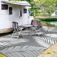 Genimo Outdoor Rug 9' X 18' Waterproof For Patios Clearance  Reversible  Plastic Straw Camping Rug Carpet  Large Area Rugs Mats For Rv  Picnic  Backyard  Deck  Balcony  Porch  Beach  Grey&White