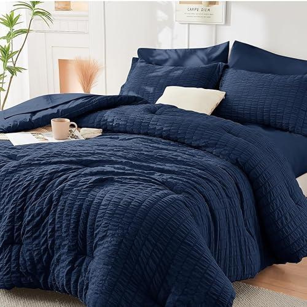 Hymokege Navy Blue Queen Comforter Set Seersucker 7 Pieces  All Season Luxury Bed In A Bag For Bedroom  Bedding Set With Comforters  Sheets  Pillowcases & Shams