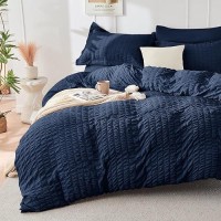 Hymokege Navy Blue Queen Comforter Set Seersucker 7 Pieces  All Season Luxury Bed In A Bag For Bedroom  Bedding Set With Comforters  Sheets  Pillowcases & Shams