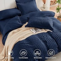 Hymokege Navy Blue Queen Comforter Set Seersucker 7 Pieces  All Season Luxury Bed In A Bag For Bedroom  Bedding Set With Comforters  Sheets  Pillowcases & Shams