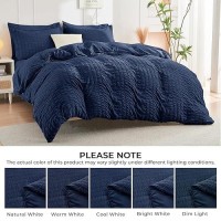 Hymokege Navy Blue Queen Comforter Set Seersucker 7 Pieces  All Season Luxury Bed In A Bag For Bedroom  Bedding Set With Comforters  Sheets  Pillowcases & Shams