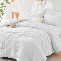 Hymokege White Full Size Comforter Sets Seersucker 7 Pieces  All Season Luxury Bed In A Bag For Bedroom  Bedding Set With Comforters  Sheets  Pillowcases & Shams