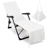 Vocool Beach Chair Cover Chaise Lounge Chair Towel Cover With Side Pockets, Lounge Chair Mate For Swimming Pool, Sun Lounger, Hotel, Vacation (White)