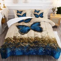 Bsntho Butterfly Comforter Set Golden Glitter Bedding Set Blue Butterflies Printed Duvet For Girls Queen Size 1 Comforter 2 Pill