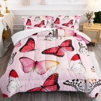 Bsntho Pink Butterfly Comforter Set For Girls Red Flying Butterfly Kids Bedding Set Twin Size Animal Comforter 3 Pieces Super So