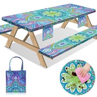 Sotue Picnic Table Cover With Bench Covers 3 Piece Set Elastic Fitted Rectangle Tablecloths Camp Tables Seat Cloth Polyester Oilcloth Vinyl Clothes For Outdoor Waterproof Camping 72X30 Inch Green