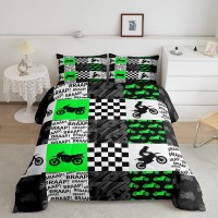 Motorcross Rider Boys Bedding Set Racing Dirt Bike Comforter Set Queen Size Neon Green Black Grey Patchwork Grid Quilt Set For K