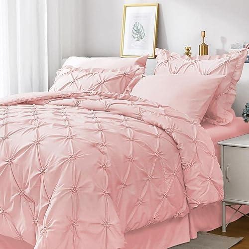 Jollyvogue Pink Full Size Comforter Sets 7 Pieces Pintuck Bed In A Bag Comforter Set For Bedroom  Bedding Comforter Sets With Comforter  Sheets Ruffled Shams & Pillowcases