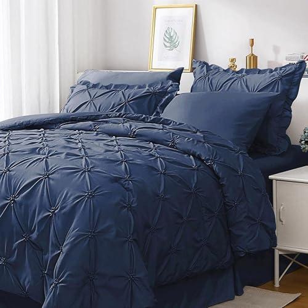 Jollyvogue Navy Blue Cal King Size Comforter Sets 7 Pieces  Pintuck Bed In A Bag Comforter Set For Bedroom  Bedding Comforter Sets With Comforter  Sheets Ruffled Shams & Pillowcases