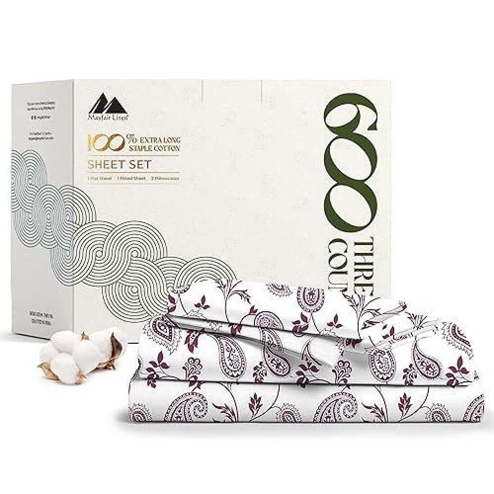 Mayfair Linen 100% Egyptian Cotton Printed Bed Sheets - 600 Thread Count 4 Pc Queen Sheet Set  Hotel Luxury Sateen Bedsheets  16