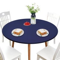 Newisher Round Fitted Table Cover Spandex Stretch Tablecloth Navy Blue Table Top Cover With Elastic Edged For Dining Picnic Patio 60 Inch