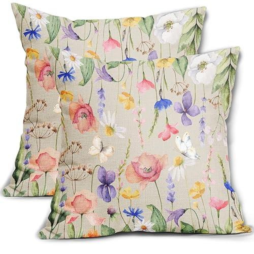 Colorful Watercolor Floral Print Pillow Covers 20X20 Set Of 2 Spring Flower Decorative Throw Pillows Outdoor Farmhouse Seasonal