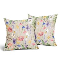 Colorful Watercolor Floral Print Pillow Covers 20X20 Set Of 2 Spring Flower Decorative Throw Pillows Outdoor Farmhouse Seasonal