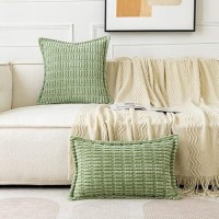 Miulee Sage Green Corduroy Decorative Throw Pillow Covers Pack Of 2 Soft Striped Pillows Pillowcases With Broad Edge Modern Boho