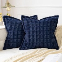 Miulee Dark Blue Corduroy Decorative Throw Pillow Covers Pack Of 2 Soft Striped Pillows Pillowcases With Broad Edge Modern Boho