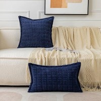 Miulee Dark Blue Corduroy Decorative Throw Pillow Covers Pack Of 2 Soft Striped Pillows Pillowcases With Broad Edge Modern Boho