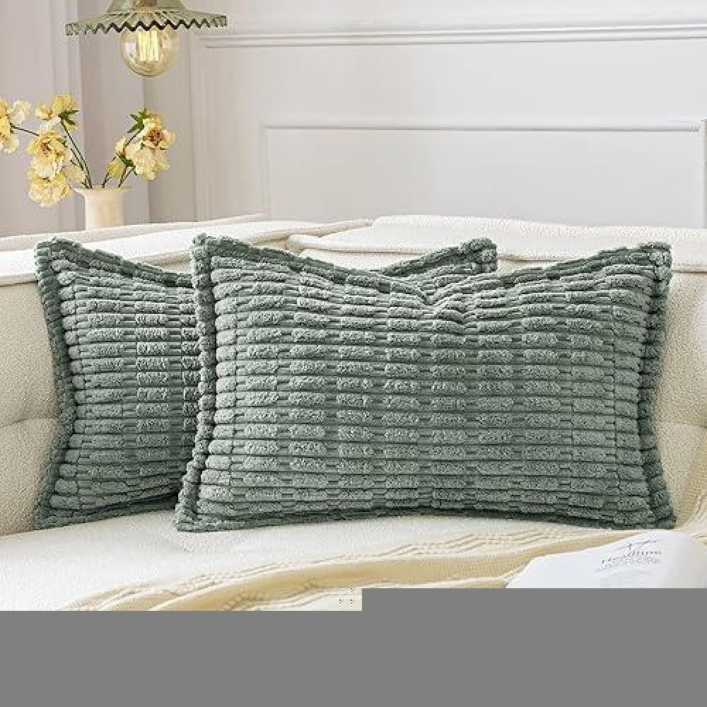 Miulee Greyish Green Corduroy Decorative Throw Pillow Covers Pack Of 2 Soft Striped Pillows Pillowcases With Broad Edge Modern B