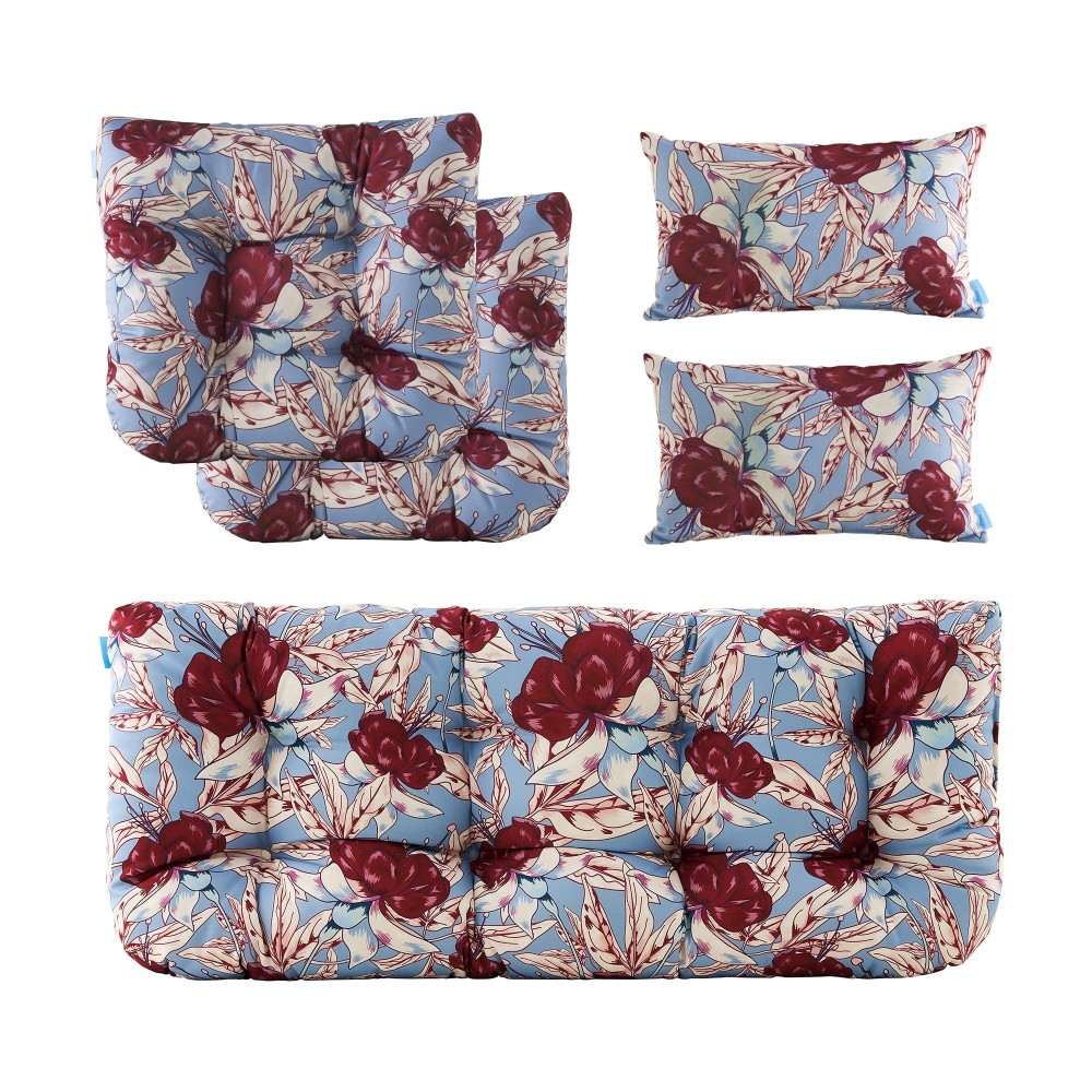 Artplan Outdoor Cushions For Settee,Wicker Loveseat Cushions With Tie,Tufted Patio Cushions 2 U-Shaped Set Of 5 Piece,Floral,Blue Red