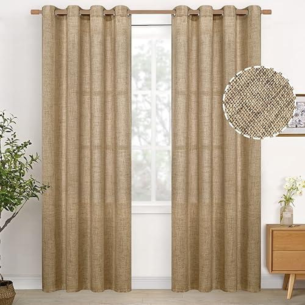 Youngstex Linen Curtains 84 Inch Length For Living Room Burlap Textured Curtain With Bronze Grommet Light Filtering Window Drape