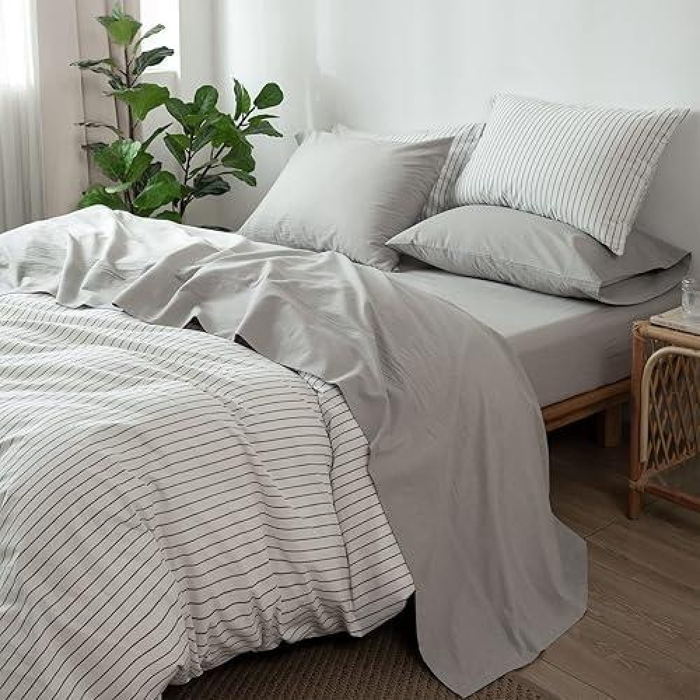 Moomee Bedding Sheet Set 100 Washed Cotton Linen Like Textured Breathable Durable Soft Comfy Pastel Grey Queen