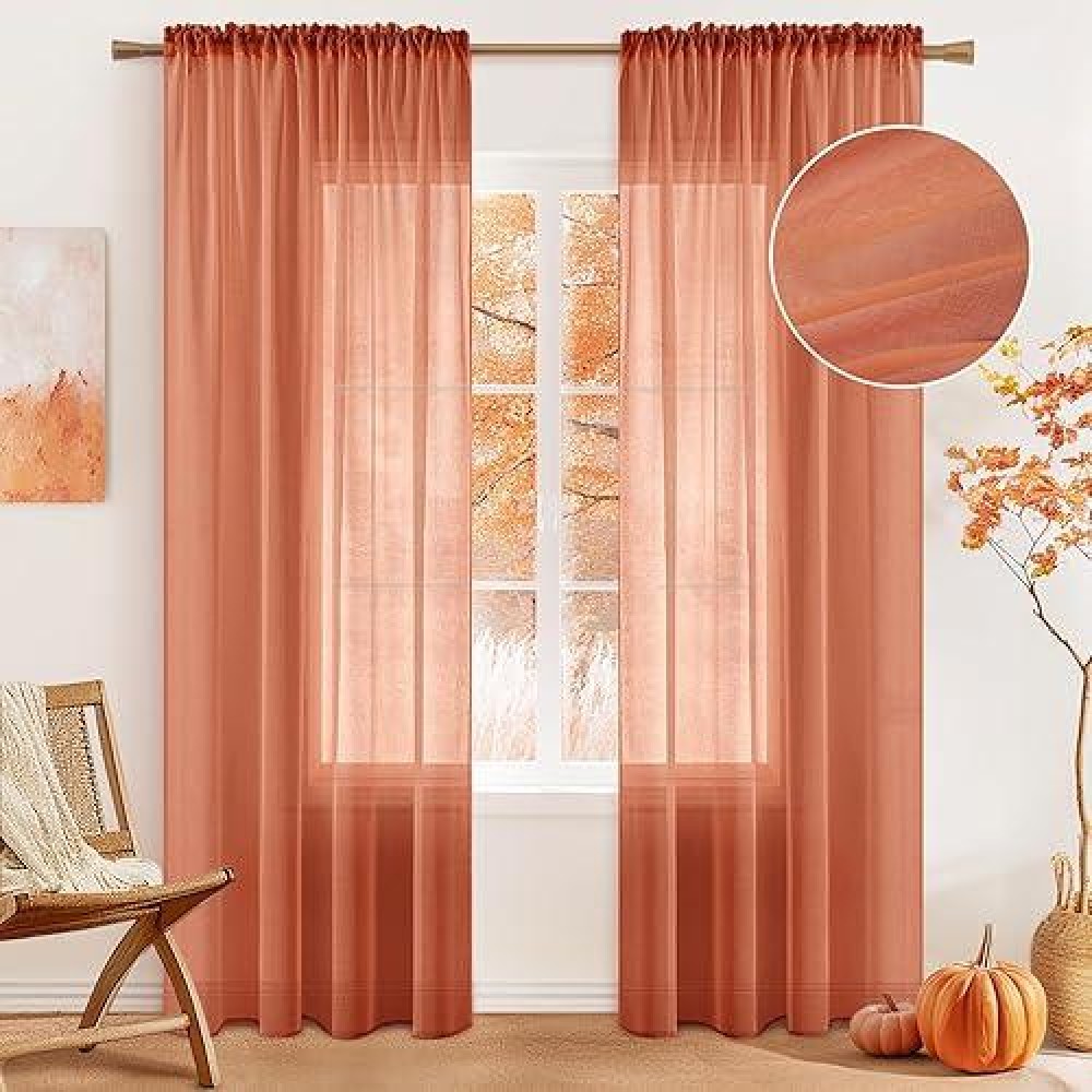 Miulee Burnt Orange Linen Textured Sheer Curtains 108 Inches Long For Bedroomliving Room Semi Transparent Farmhouse Fall Decor