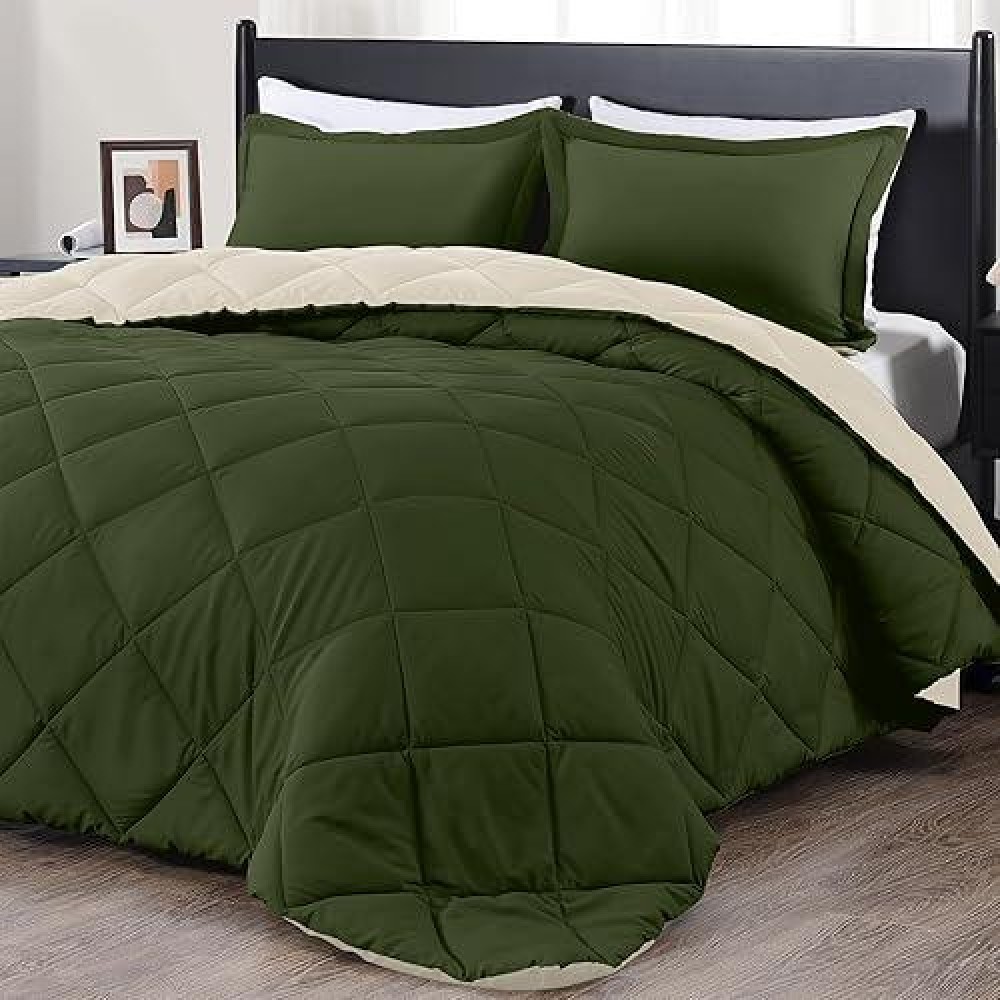 Downluxe Lightweight Solid Comforter Set Twin With 1 Pillow Sham 2Piece Set Lichen Green And White Down Alternative Rev