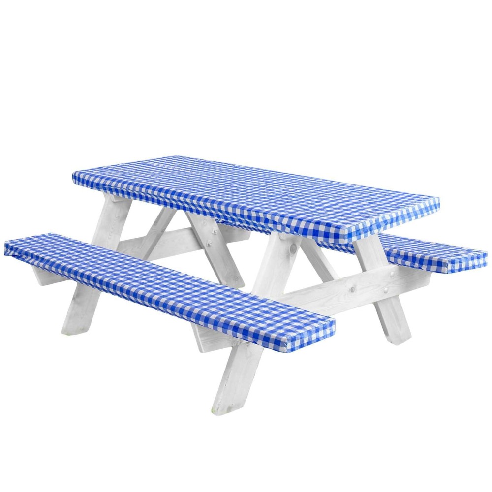 Linpro Premium Picnic Table Cover With Bench Covers Vinyl Fitted Picnic Table Covers With Elastic Rv Camping Accessories And Camper Must Haves Waterproof (Blue Gingham, 72 X 30 (6Ft))