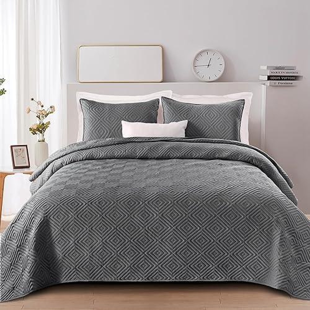 Exclusivo Mezcla Quilt Set Twin Size 2 Pieces Soft Lightweight Quilts Grey Bedspreads Coverlets Classic Pattern Bedding Set For