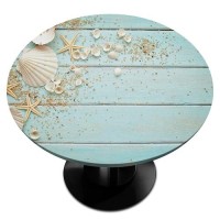 Beach Fitted Round Table Cloth Wood Texture Starfish Fitted Table Cover Waterproof Non Slip Decor Round Tablecloths For Parties