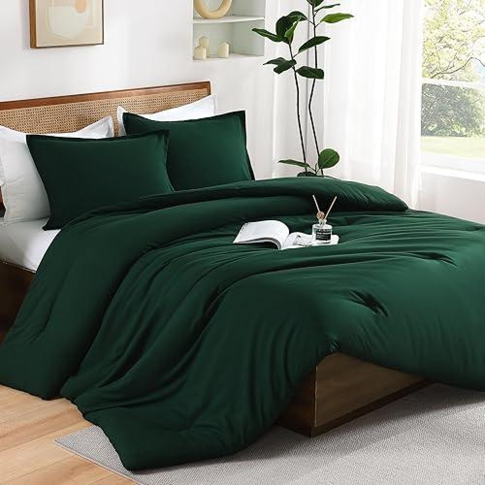 Andency Dark Emerald Green Full Size Comforter Set 3 Pieces Boho Solid Forest Green Bedding Comforters Sets Soft Reversible