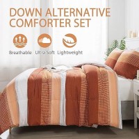 Andency Stripe Comforter Set Twin Size (66X90 Inch)  2 Pieces Terracotta Patchwork Striped Comforter  Soft Microfiber Down Alternative Comforter Bedding Set With Corner Loops