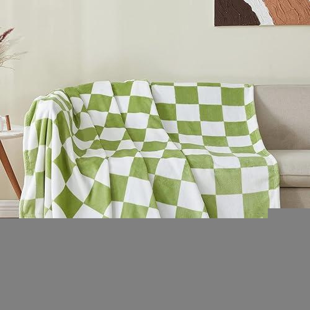 Bedelite Checkered Throw Blanket For Couch And Bed  Luxurious Fleece Blanket With Checkerboard Grid Home Decor  Soft Cozy Green And White Throw Blankets For Spring  50