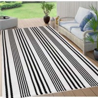 Buagetup Black And White Outdoor Patio Rug 5X8Ft Striped Outdoor Rug Machine Washable Hand Woven Cotton For Living Room Front Po