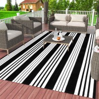 Buagetup Black And White Outdoor Patio Rug 5X8Ft Striped Outdoor Rug Machine Washable Hand Woven Cotton For Living Room Front Po