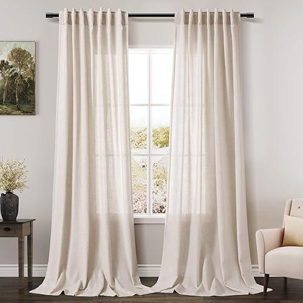 Tan Beige Linen Curtains 90 Inch Length For Living Room 2 Panels Burlap Textured Semi Sheer Linen Drapes Rustic Country Window T