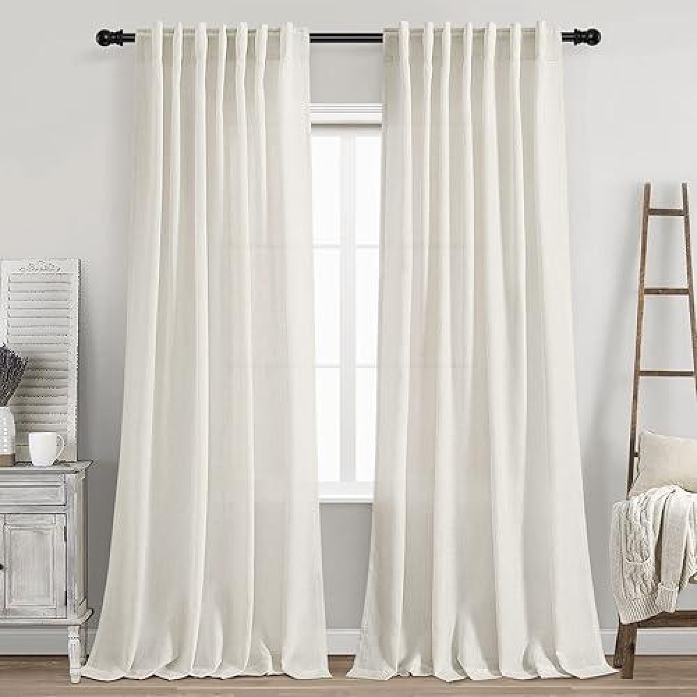 Cream Natural Linen Curtains 90 Inch Length 2 Panels Set For Living Room Rod Pocket Back Tab Pleated Window Curtain Drapes Neutr