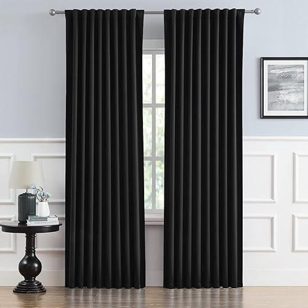 Dualife Black Out Curtain Panels Tab Back And Rod Pocket  Sundproof Thermal Insulated Long Black Solid Curtains/Drapes For Sliding Glass Door Hall/Dining Room  52 Wide By 90 Inches Long  Set Of 2