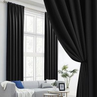 Dualife 2 Pcs Blackout Extra Long Black Curtains/Drapes 132 Inch Length Thermal Insulated Black Draperies For Loft (Black  2 Panels 52