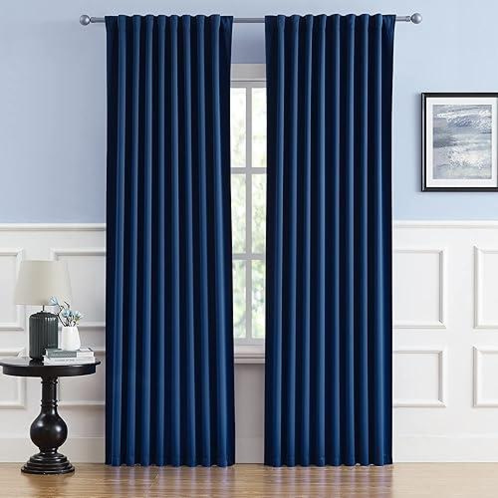 Dualife 90 Inch Blackout Curtains Navy Blue Thermal Insulated Widow Treatment Panels/Drapes Back Tab/Rod Pocket Bedroom Draperies  W52 X L90 Each Panel  2 Panels