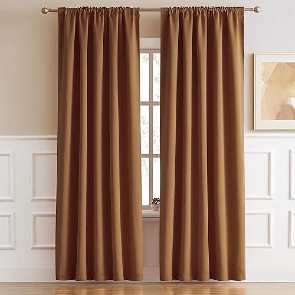 Dualife Brown Orange Blackout Curtains Living Room 96 Inches 2 Panels - Back Tab And Rod Pocket Boho Fall Decor Room Darkening Bedroom Curtains Drapes  Golden Oak Color