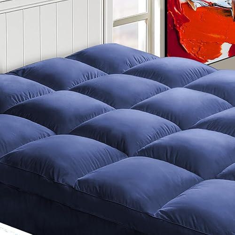 Mattress Topper King For Back Pain  Extra Thick Mattress Pad Cover  Plush Pillow Top Overfilled With Down Alternative  Deep Elastic Pocket  Navy