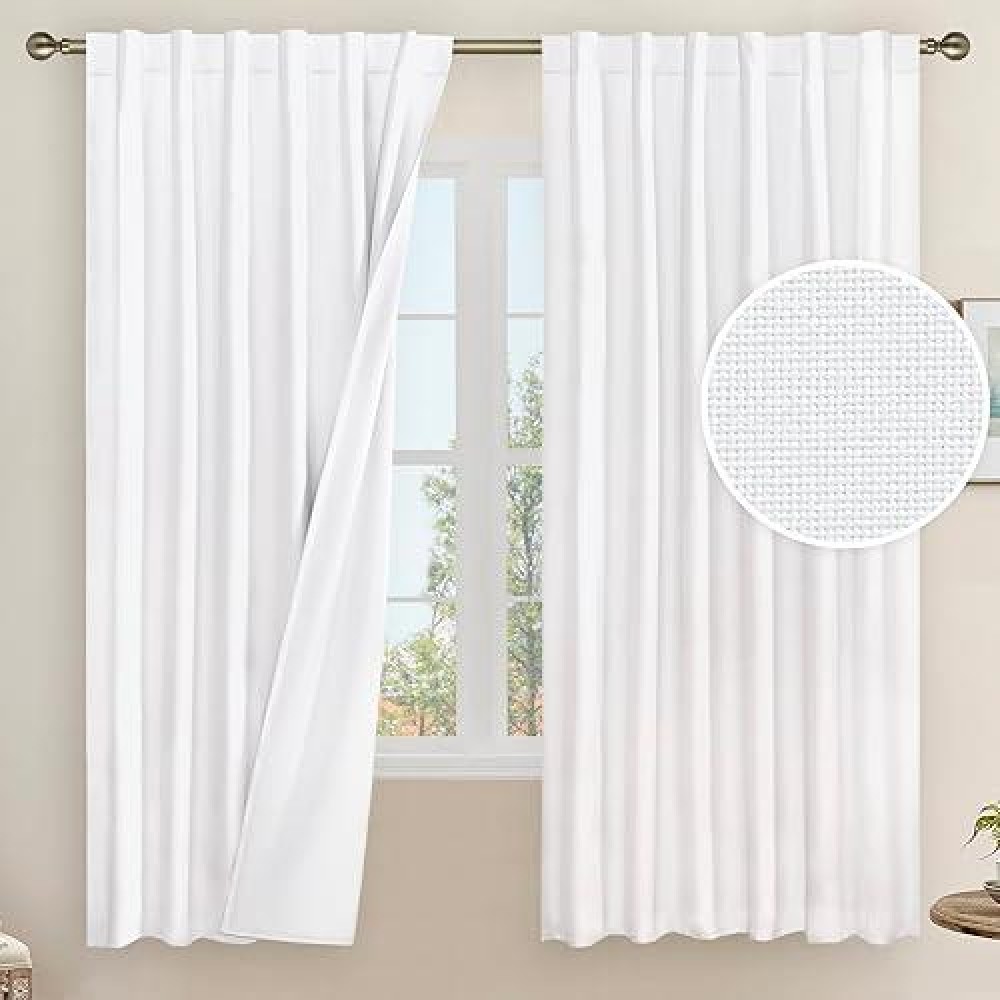 Lamit 100 White Blackout Curtains For Bedroom 63 Inches Linen Textured Thermal Curtains Back Tab And Rod Pocket Burlap Panels