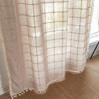 Deeprove Boho Curtains 84 Inches Long For Bedroom  Cotton Linen Light Brown Plaids Embroidery Semi Blackout Bohemian Aesthetic Window Treatment Grids Drape Tassels  1 Panel W52 X L84 Tan