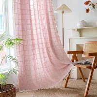 Deeprove Pink Boho Curtains 84 Inches Long For Girl'S Bedroom Nursery Room  Cotton Linen Plaids Embroidery Semi Blackout Bohemian Window Treatment Grids Drape Tassels  1 Panel W52 X L84