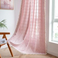 Deeprove Pink Boho Curtains 84 Inches Long For Girl'S Bedroom Nursery Room  Cotton Linen Plaids Embroidery Semi Blackout Bohemian Window Treatment Grids Drape Tassels  1 Panel W52 X L84