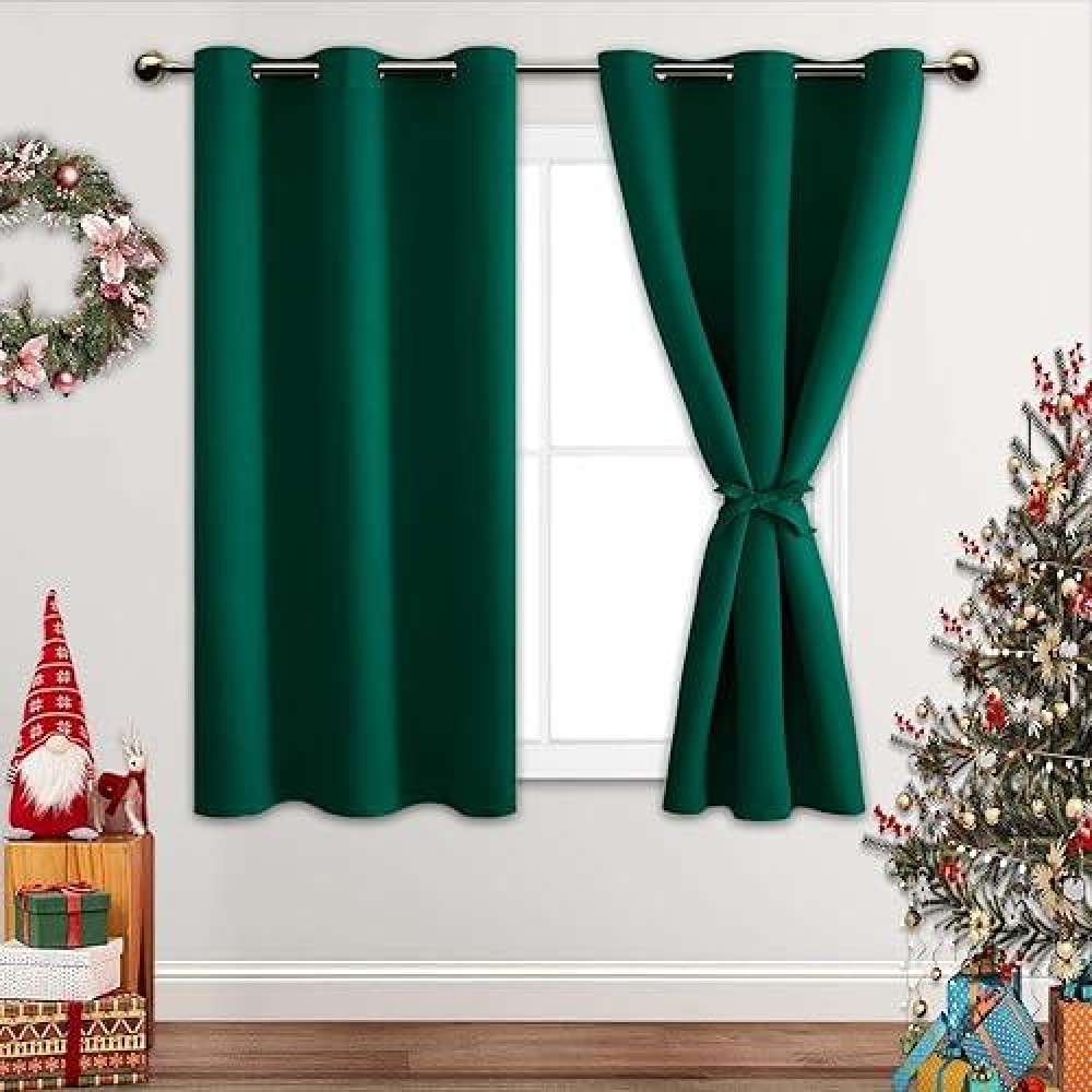 Jiuzhen Forest Green Blackout Curtains With Tiebacks Light Blocking And Noise Reducing Grommet Curtains For Bedroom And Living