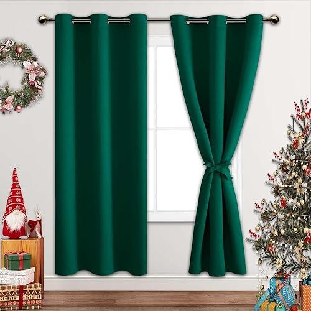 Jiuzhen Forest Green Blackout Curtains With Tiebacks Light Blocking And Noise Reducing Grommet Curtains For Bedroom And Living