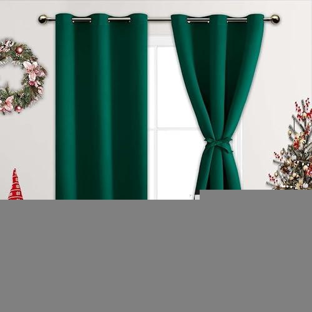 Jiuzhen Forest Green Blackout Curtains With Tiebacks Light Blocking And Noise Reducing Grommet Curtains For Bedroom And Living